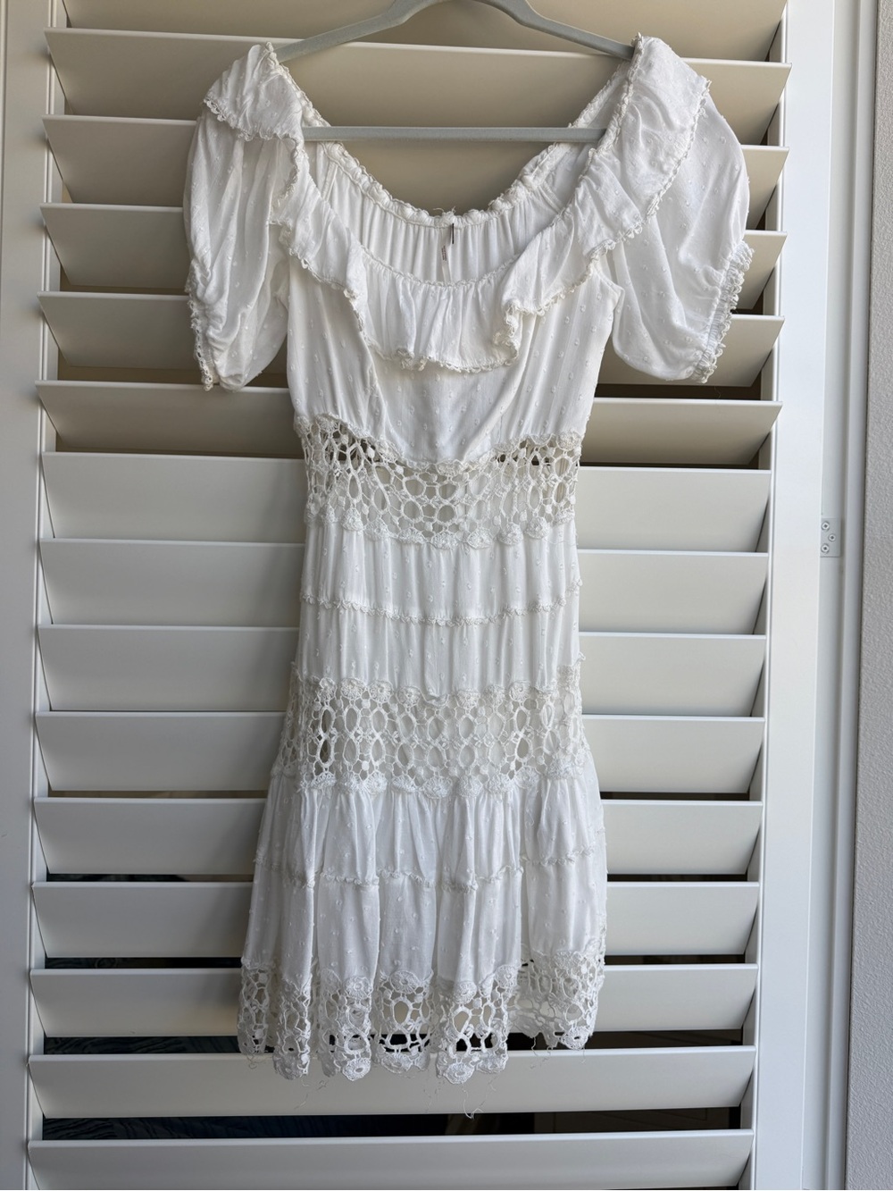 White Crochet-Trim Puff Sleeve Dress